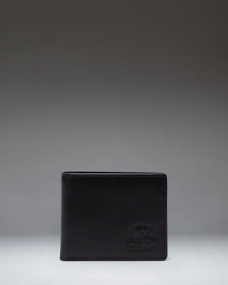 Herschel Supply Co Hank Wallet Leather in Black, shown opened to display internal card slots and a mesh ID window.