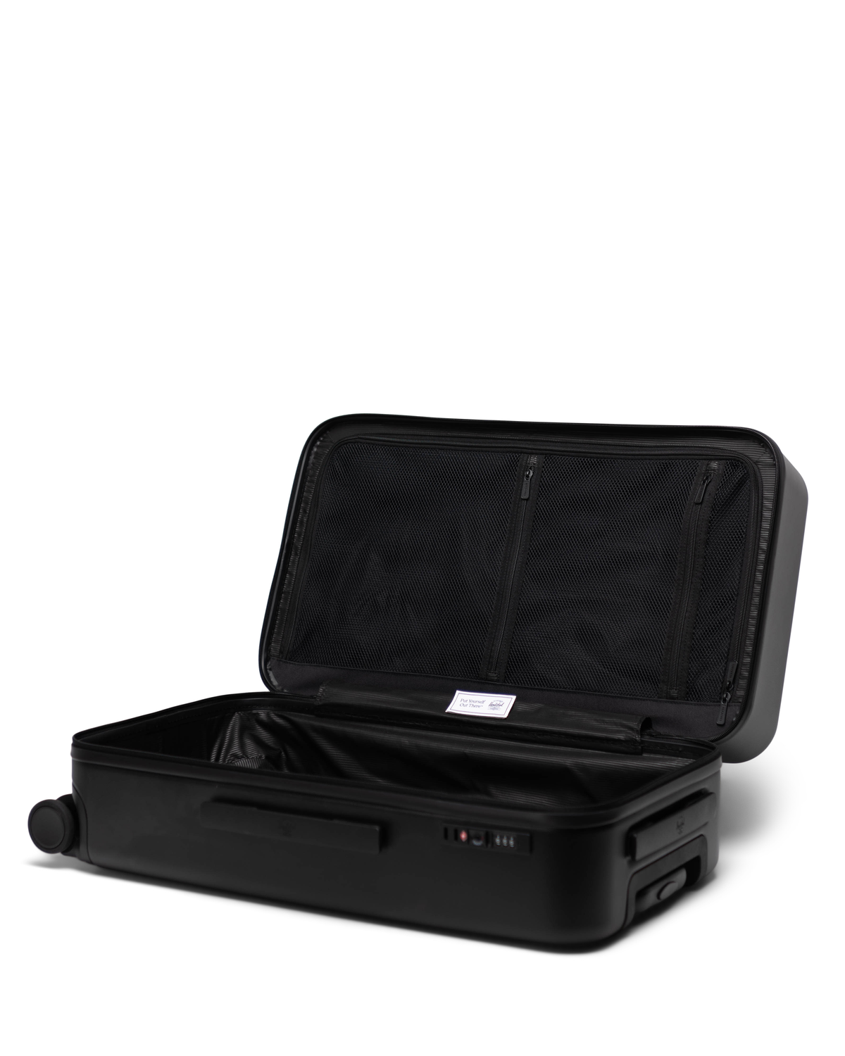 Herschel Heritage Hardshell Medium Luggage features and specifications diagram highlighting the 100% polycarbonate EcoSystem shell.