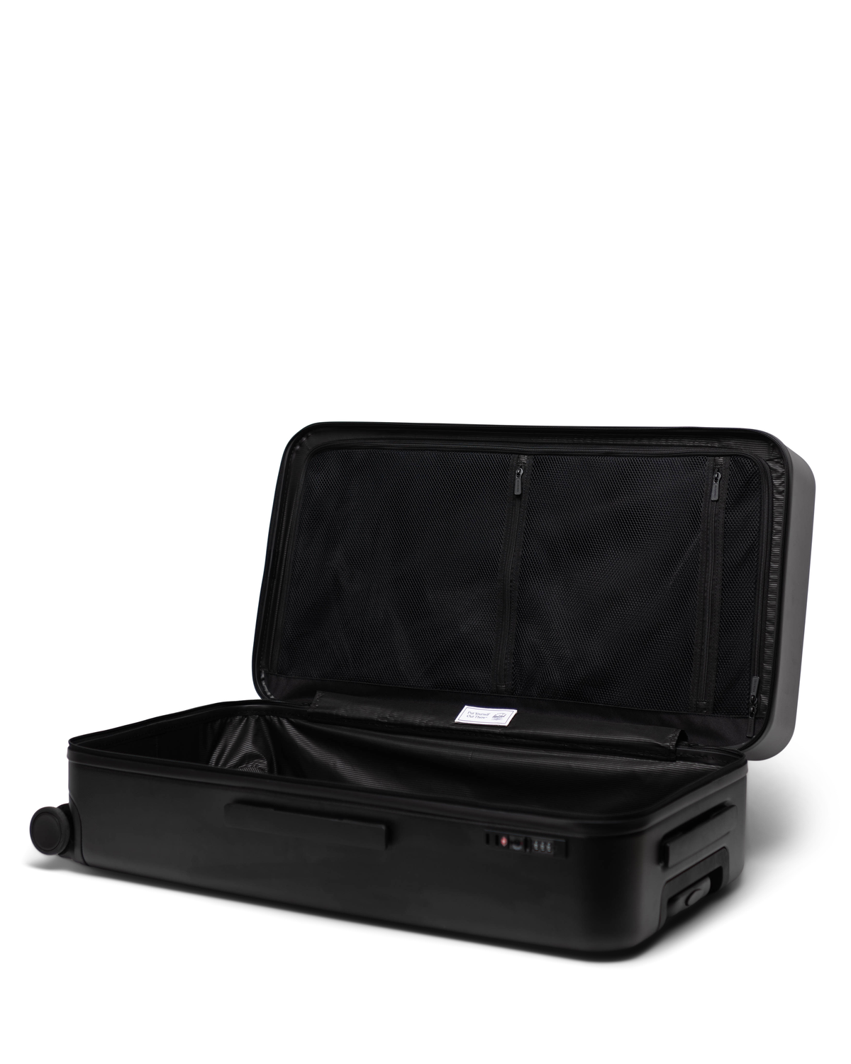 Herschel Heritage Hardshell Large Luggage showcasing its durable impact-resistant design and smooth-rolling Hinomoto wheels.