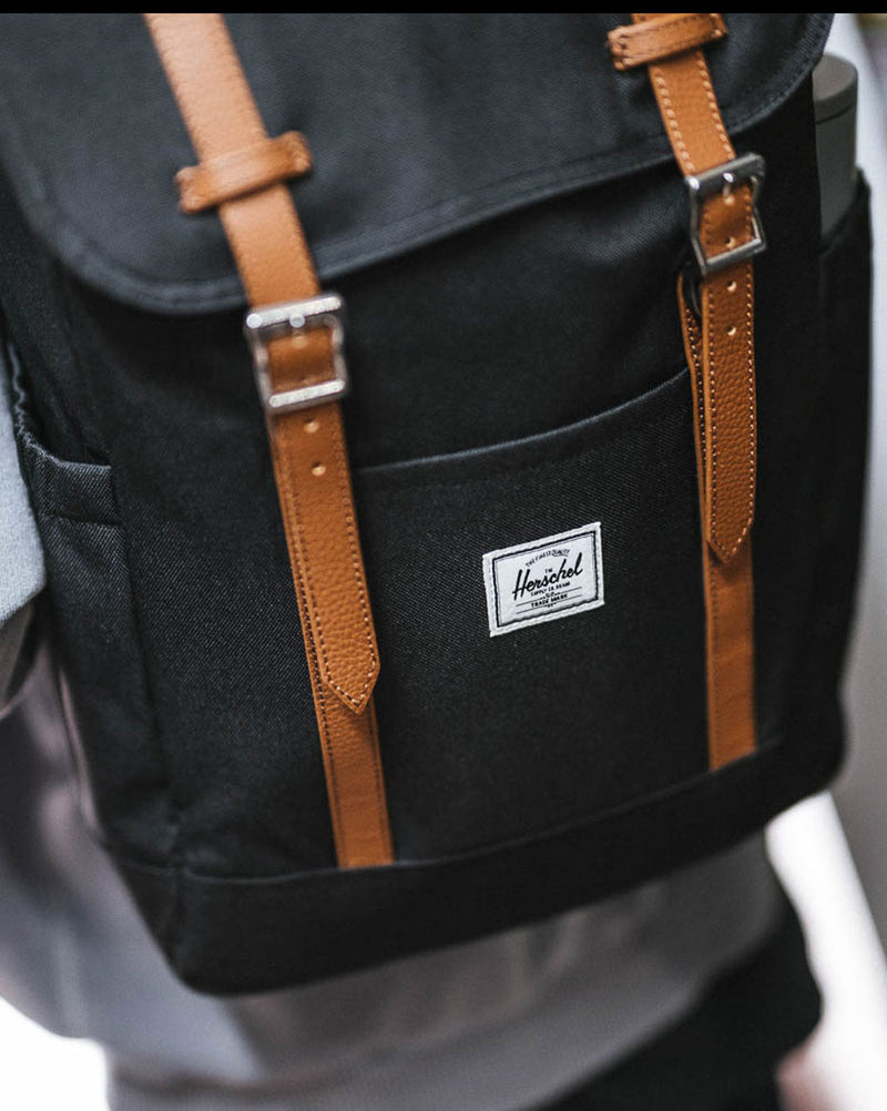 Herschel Little America Backpack size guide chart. Standard: 19x11.25x7 inches, 30L. Mid-Volume: 21L.