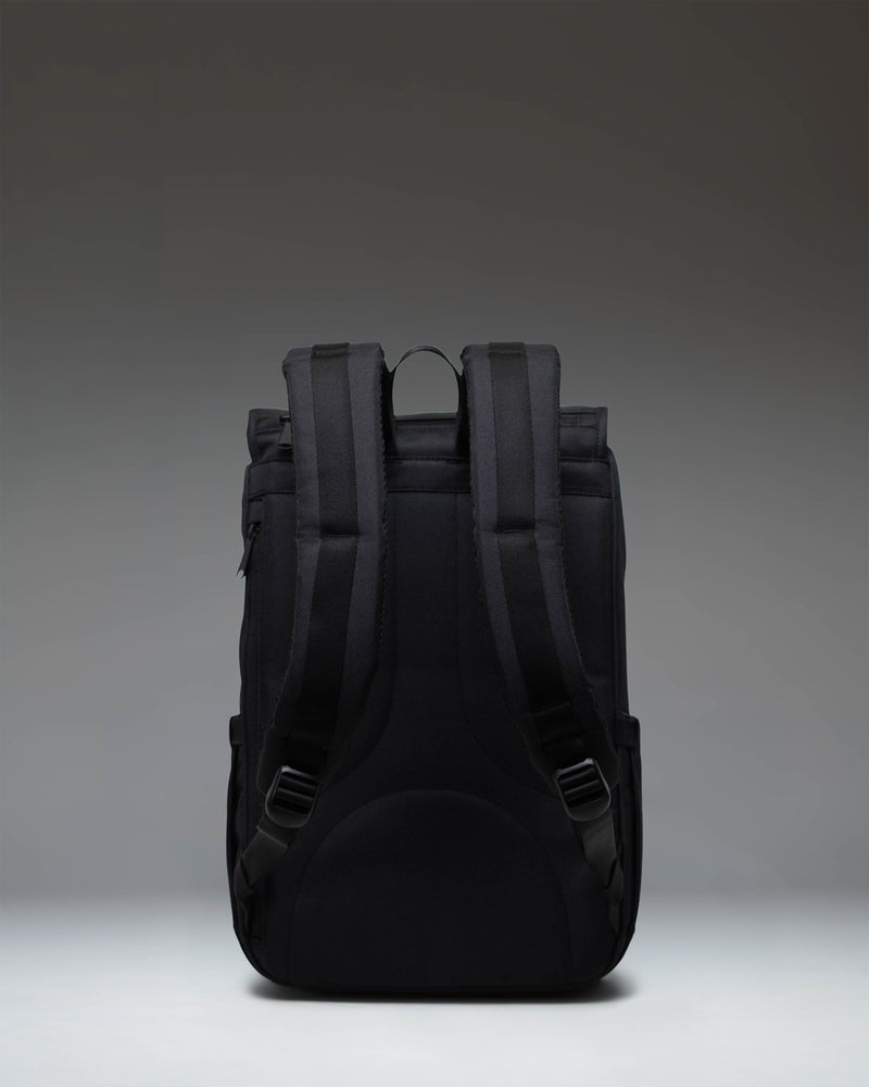 Herschel Little America Mid Backpack in Black Tonal, showing the classic mountaineering style with dual magnetic strap closures.