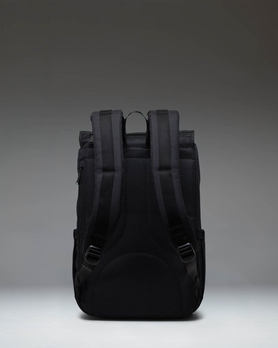 Herschel Little America Mid Backpack in Black Tonal, showing the classic mountaineering style with dual magnetic strap closures.