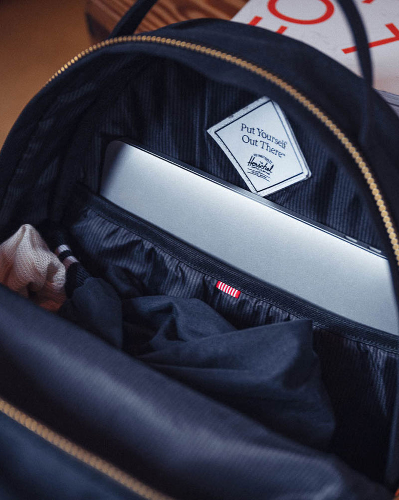 Herschel Nova Backpack size guide chart. Mini: 9L (11x8x4.75"). Small: 14L (16x11x5"). Mid-Volume: 18L (16.5x12x5.5").