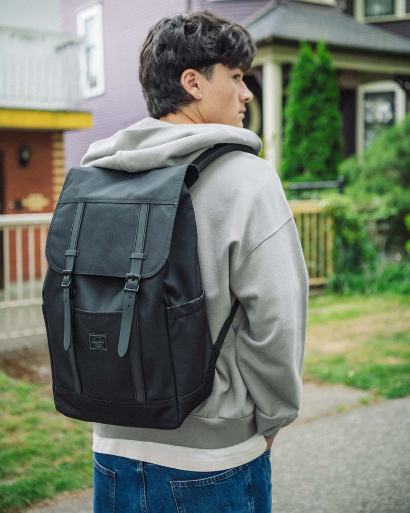 Front view of a Herschel Retreat Backpack showing its main compartment closure and front storage sleeve.