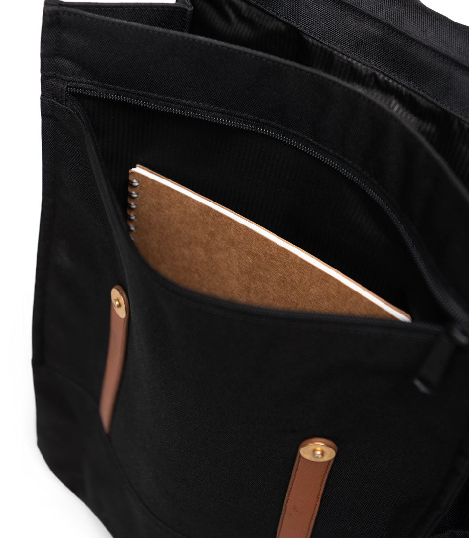 Herschel Survey Backpack features showing its slender design, a hidden zippered storage sleeve, and a clip-fastened flap closure.