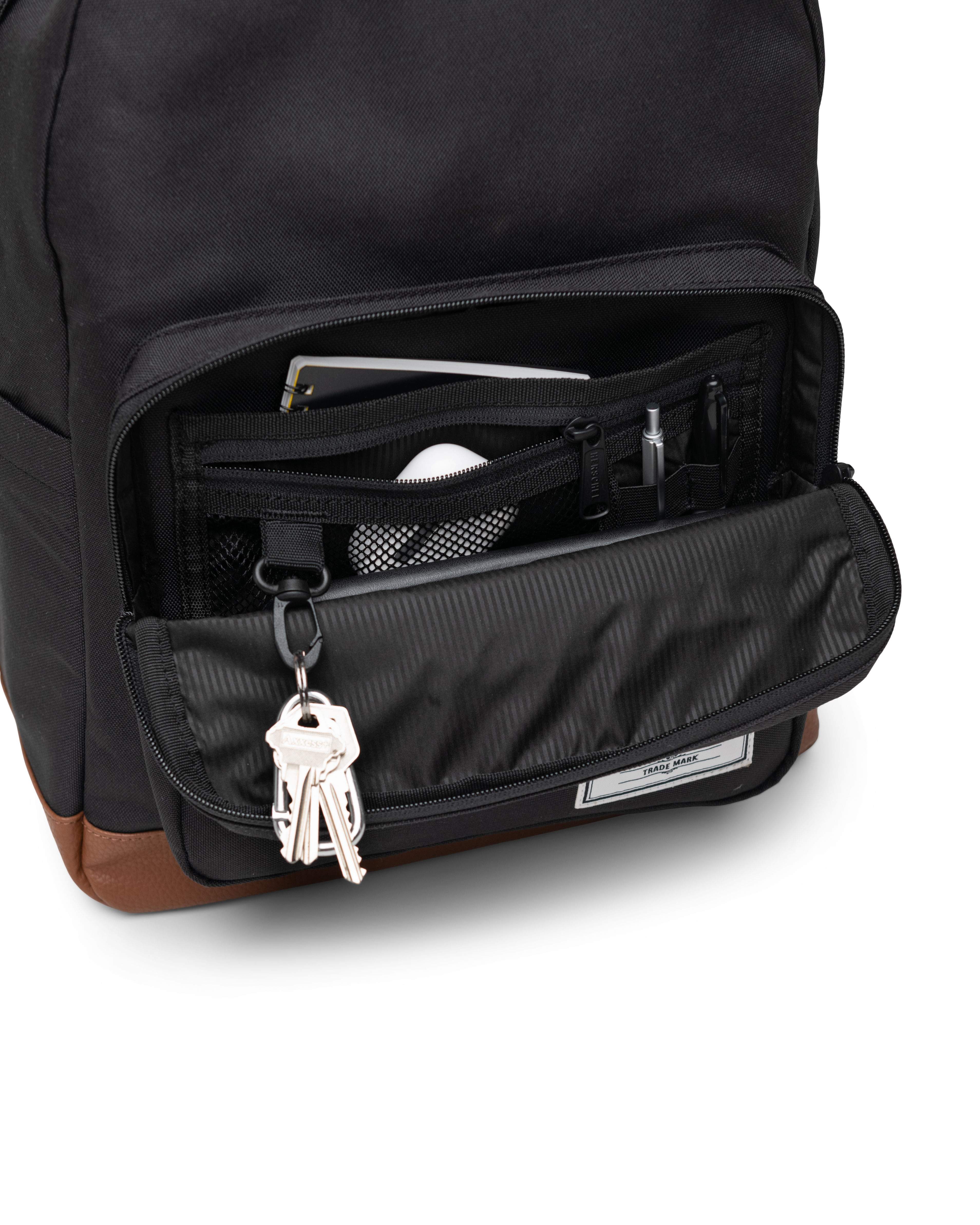 Herschel Supply Co. Pop Quiz Backpack features diagram highlighting multiple pockets, laptop sleeve, and key clip.