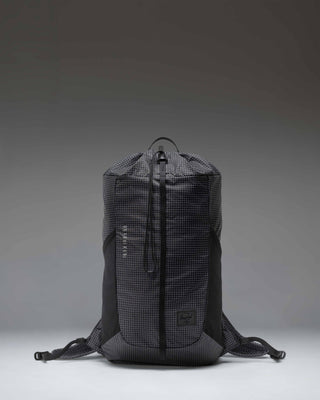 Black Herschel Supply Co Ultralight Cinch Daypack 14 L backpack shown from the front with a drawstring closure and a front zippered pocket.