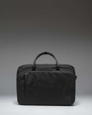 Black Herschel Supply Co. Bowen Convertible Travel Duffle Tech bag shown from the front.