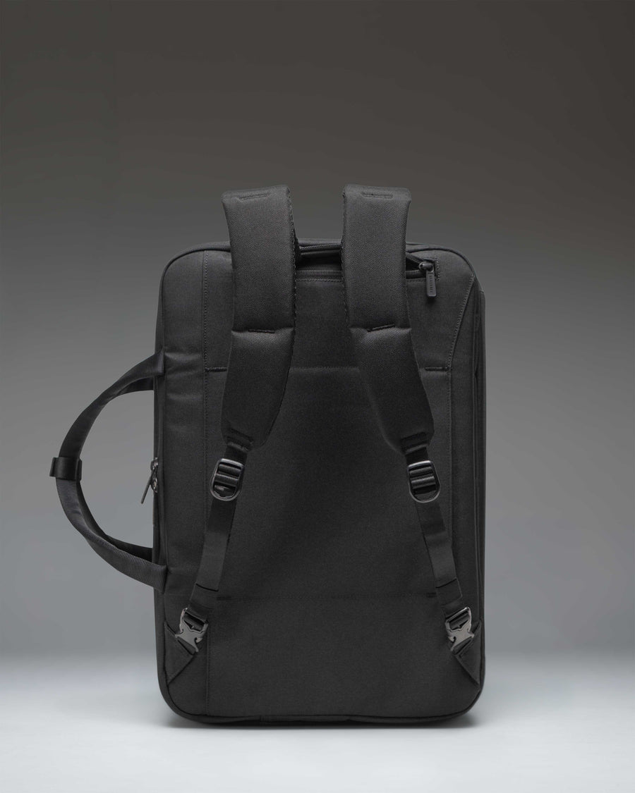Black Herschel Supply Co. Bowen Convertible Travel Duffle Tech bag, showing its versatile travel-ready design.