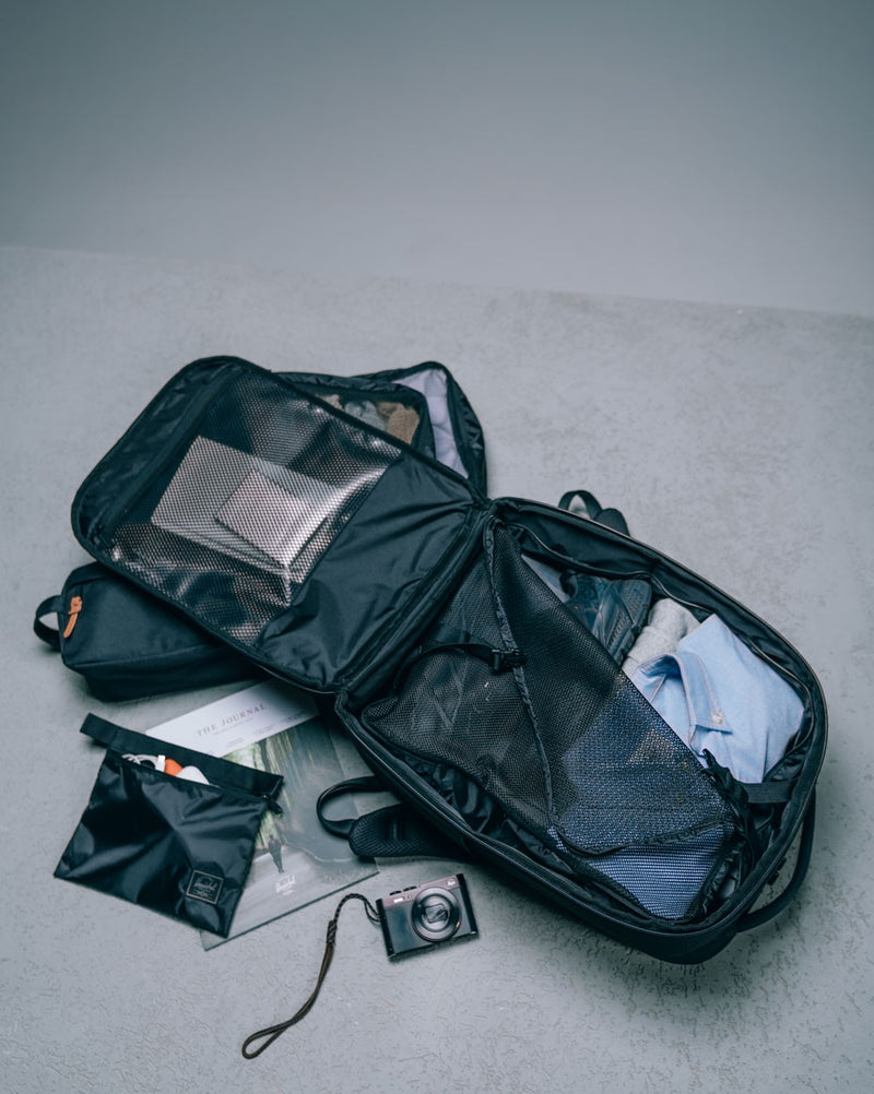 Herschel Kaslo backpack size guide chart. Daypack 20L: 16.75x11x5.75. Backpack 30L: 18.5x12x8. Travel 32L: 18.5x12x9. Camera 30L: 18.5x12.5x8.25.