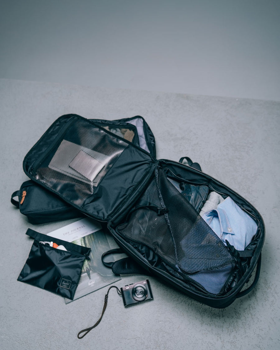 Herschel Kaslo backpack size guide chart. Daypack 20L: 16.75x11x5.75. Backpack 30L: 18.5x12x8. Travel 32L: 18.5x12x9. Camera 30L: 18.5x12.5x8.25.
