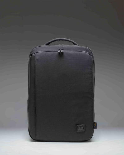 Black Herschel Supply Co. Kaslo Backpack Tech Cordura shown from the front, highlighting its durable tech-focused design and multiple compartments.
