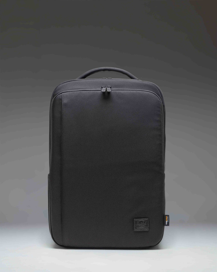 Black Herschel Supply Co. Kaslo Backpack Tech Cordura shown from the front, highlighting its durable tech-focused design and multiple compartments.