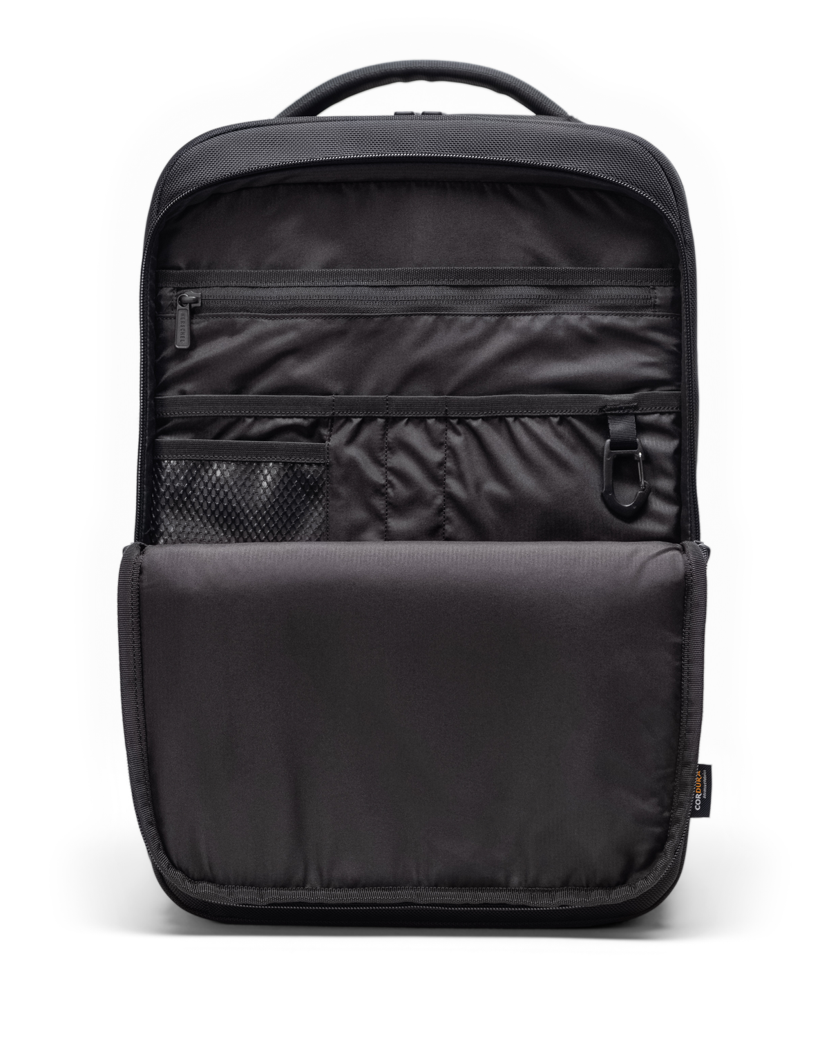 Herschel Supply Co. Kaslo Backpack Tech Cordura featuring a diagram highlighting its organizational pockets and storage features.