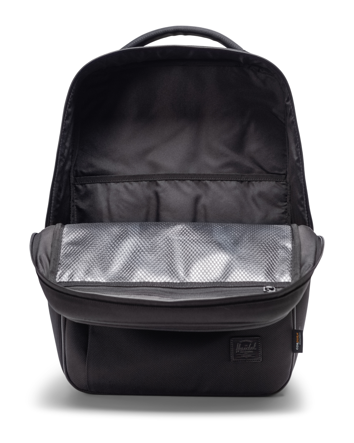 Herschel Supply Co. Kaslo Backpack Tech Cordura black premium leather classic label detail highlighting the durable 1680D fabric.
