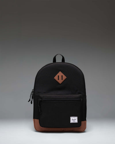 Herschel Heritage Kids Backpack in Black/Saddle Brown featuring a classic diamond accent and a convenient front pocket.