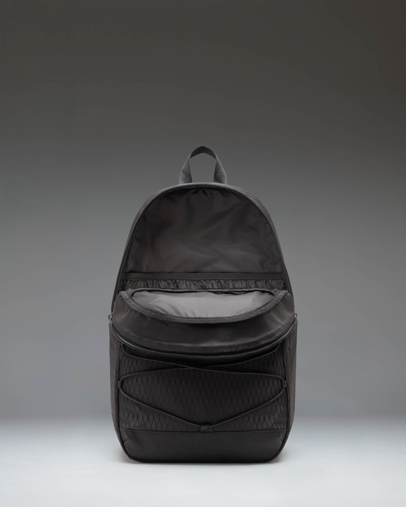 Herschel Kingston Backpack in Black Diamond/Black showing a front view of the structured backpack with subtle geometric diamond patterns.