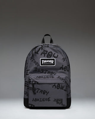 Herschel Supply Co. x Thrasher Classic XL Backpack Nylon in Asphalt/Black Destroy with signature branding and dual water bottle pockets.