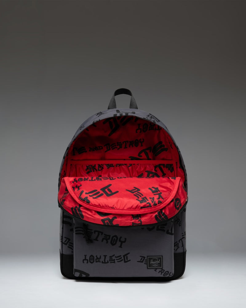 Herschel Supply Co. Thrasher Classic XL Backpack in Asphalt/Black Destroy nylon, showcasing the spacious design and collaborative details.
