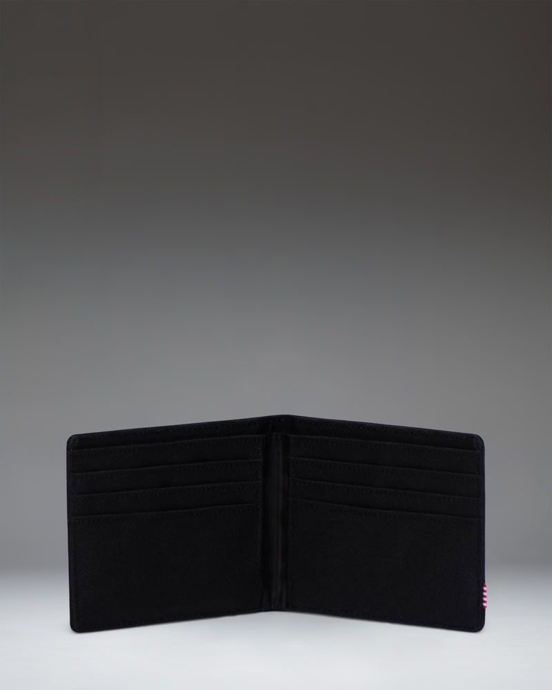 Herschel Supply Co Roy Wallet in Black Tonal, showing the classic bi-fold design open to reveal interior card slots and currency sleeve.