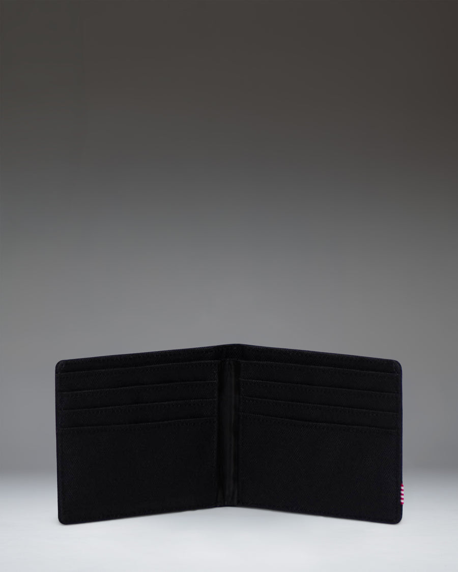 Herschel Supply Co Roy Wallet in Black Tonal, showing the classic bi-fold design open to reveal interior card slots and currency sleeve.