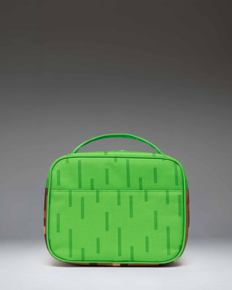 Herschel Supply Co. Minecraft Pop Quiz Lunch Box in The Overworld colorway, featuring a green and blue pixelated pattern.