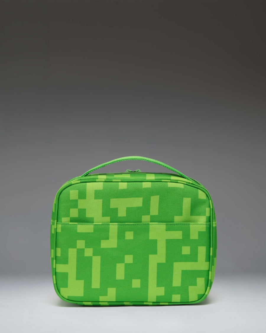 Herschel Supply Co. Minecraft Pop Quiz Lunch Box in Creeper color, featuring the iconic green pixelated video game design.