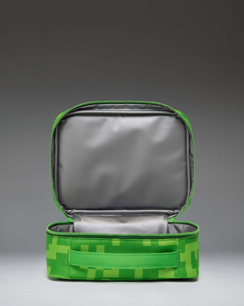 Herschel Supply Co. Minecraft Pop Quiz Lunch Box in Creeper green pixel print.