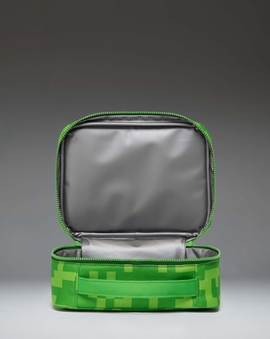 Herschel Supply Co. Minecraft Pop Quiz Lunch Box in Creeper green pixel print.