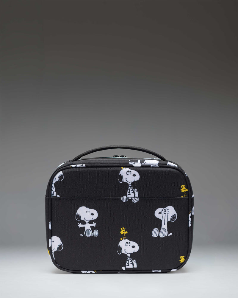 Herschel Supply Co. Peanuts Pop Quiz Lunch Box in Snoopy and Woodstock Black pattern, showing the insulated main compartment interior.