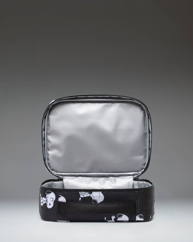 Herschel Supply Co Peanuts Pop Quiz Lunch Box in Snoopy and Woodstock Black, showing an alternate product view.