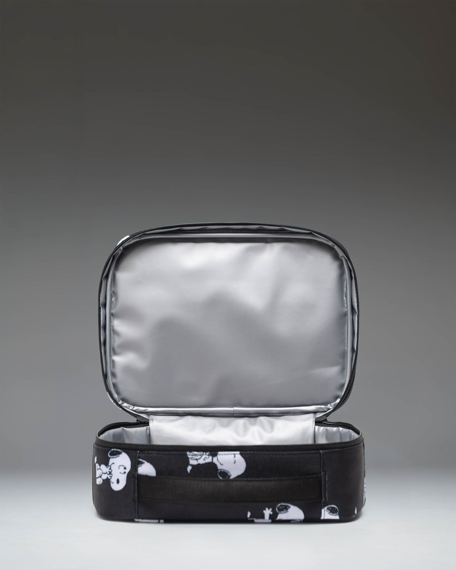Herschel Supply Co Peanuts Pop Quiz Lunch Box in Snoopy and Woodstock Black, showing an alternate product view.