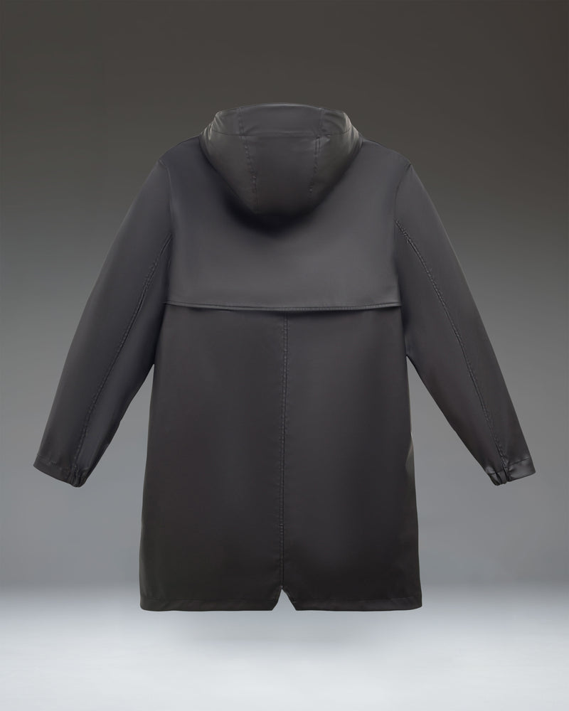 Herschel Supply Co. women's long classic rain jacket in black, showing the full-length front view with hood and pockets.
