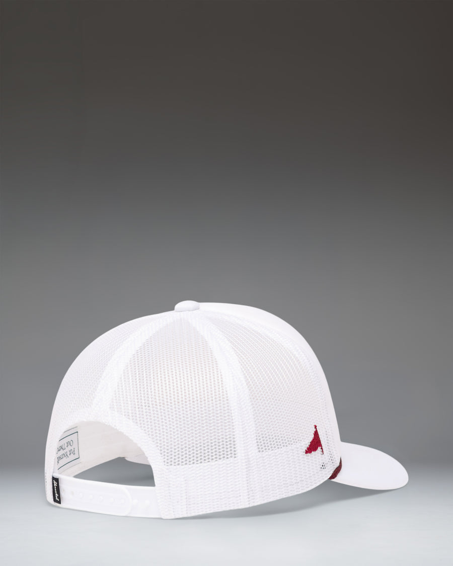 Herschel Supply Co Marina Mesh Yachting Cap in White. Front view of the lightweight, breathable mesh five-panel hat with an adjustable strap.