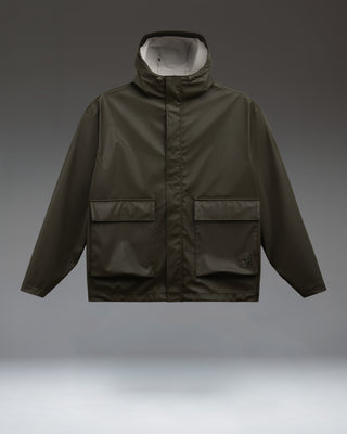 Herschel Supply Co. McLeod Rain Jacket Men's in Rosin, a water-resistant, windproof olive green jacket featuring a hood, hem, and adjustable cuffs.