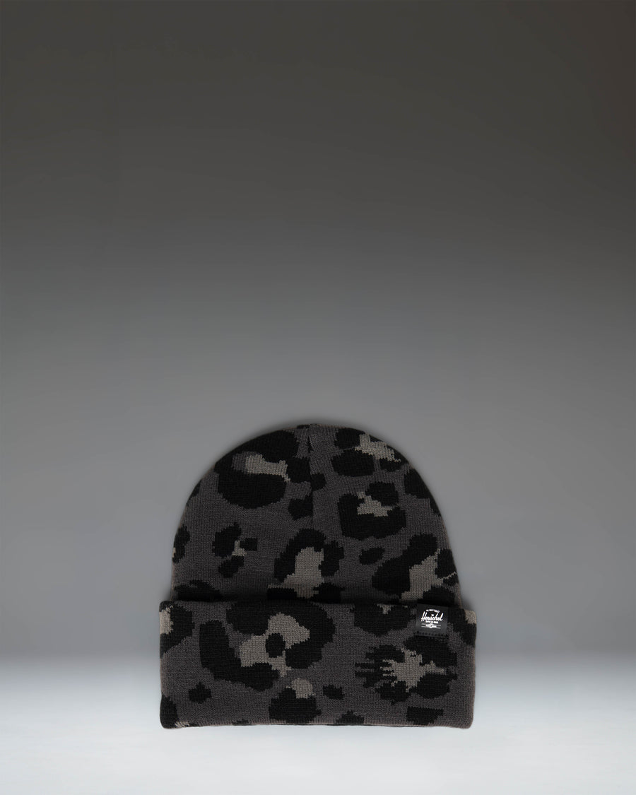 Herschel Supply Co Elmer Graphic Beanie in Leopard Scribble Black Oyster knit pattern with a folded cuff.