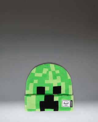 Herschel Supply Co. Minecraft Elmer Beanie in Creeper green, featuring a pixelated Creeper face knit design and a folded cuff.