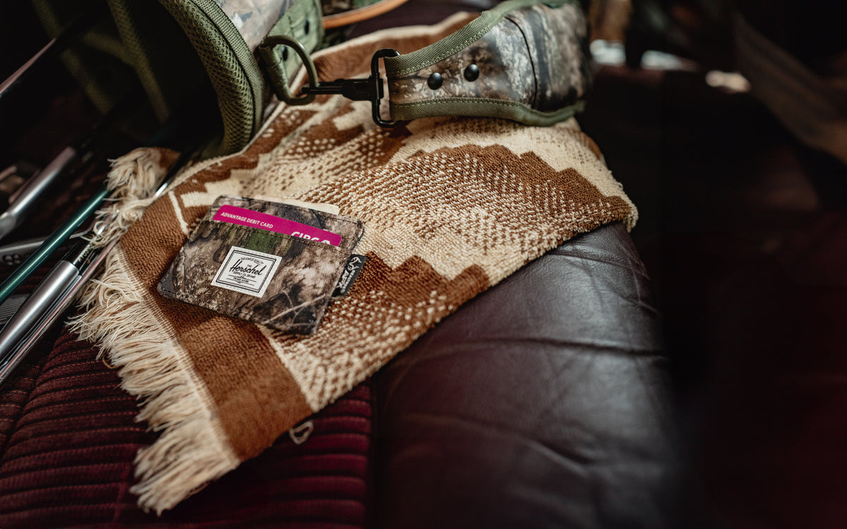 Herschel Supply Co. Charlie Cardholder featuring the Realtree APX camouflage pattern.