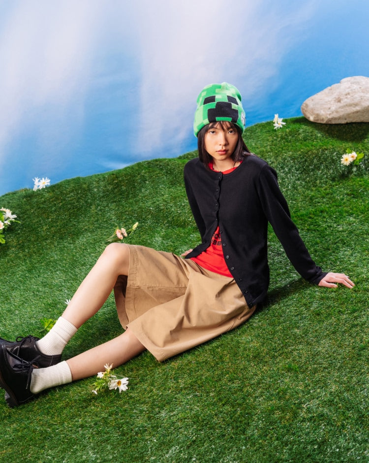 Herschel Supply Co. Minecraft Elmer Beanie in Creeper green, featuring a pixelated Minecraft Creeper face design.