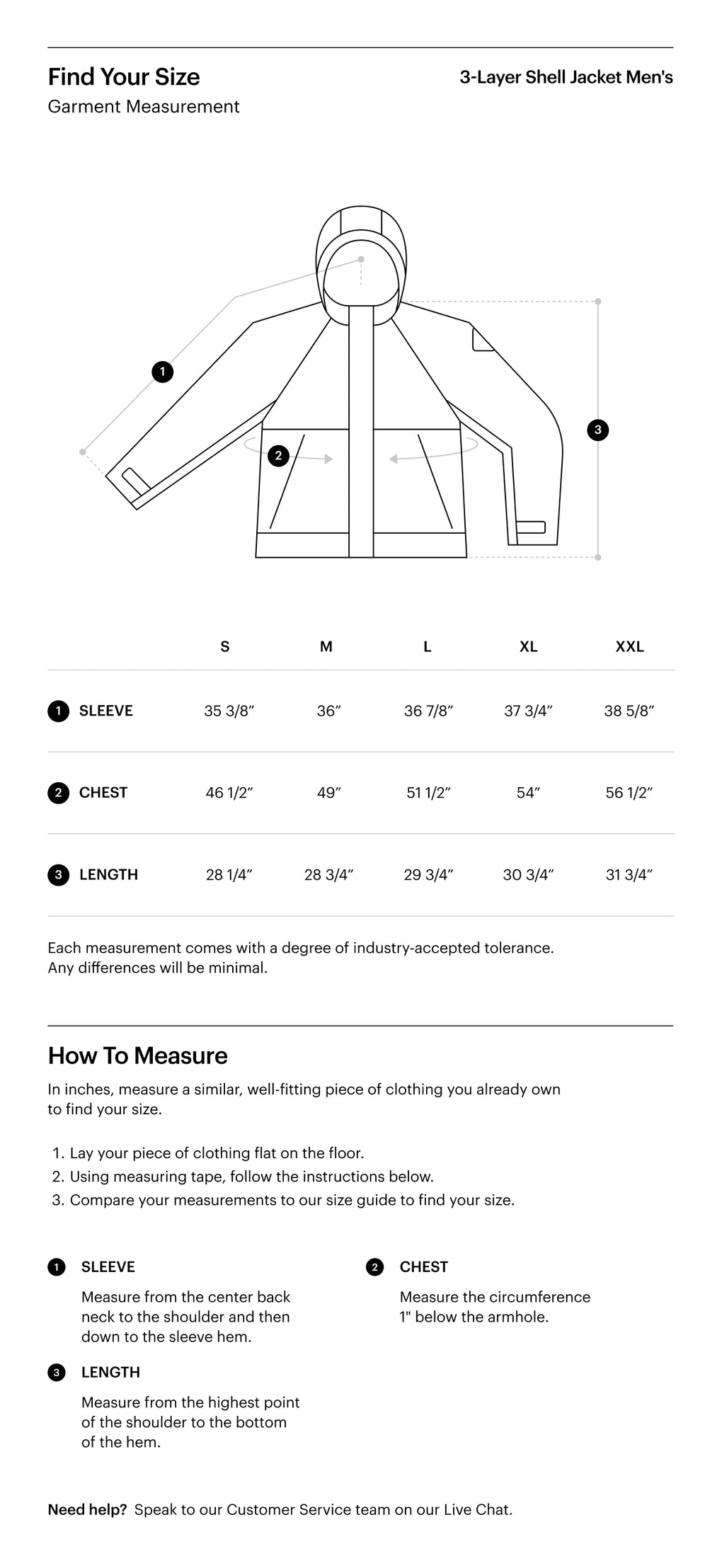 Herschel Supply Co. Men's 3-Layer Shell Jacket size guide chart showing chest measurements: S (37-39"), M (39-41"), L (41-44"), XL (44-46"), XXL (46-48").