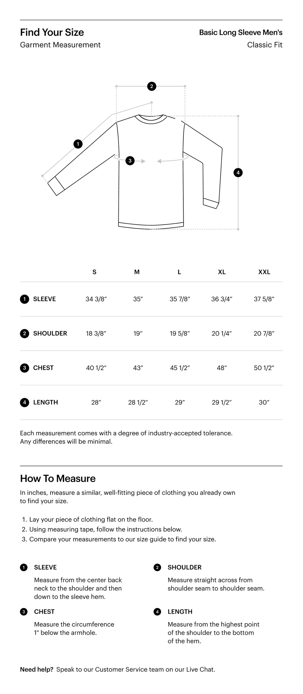 Herschel Supply Co. Men's Basic Long Sleeve Uniform Size Guide chart displaying chest, waist, and hip measurements in inches for sizes S through XL.