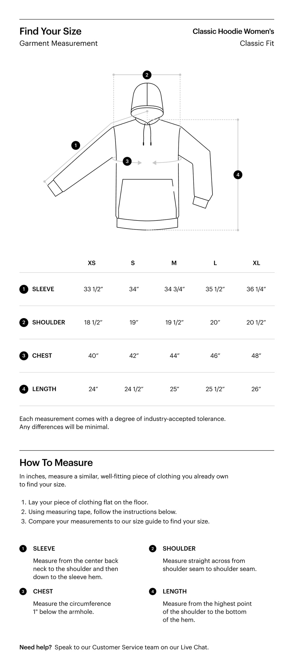 Women's Uniform Size Guide for the Classic Hoodie.
