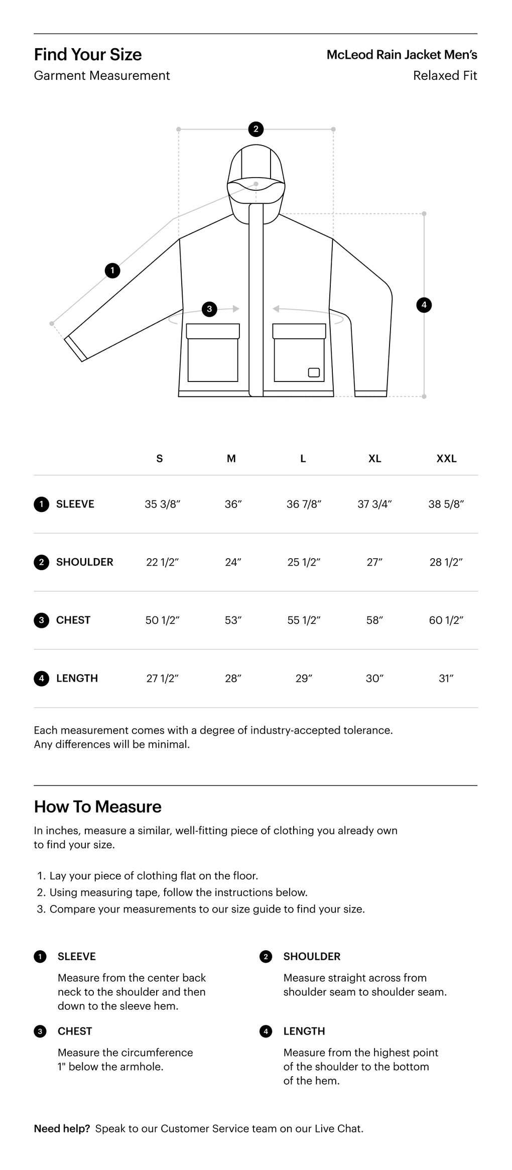 Herschel Supply Co. Men's McLeod Rain Jacket size guide chart showing chest measurements for sizes S through XXL.