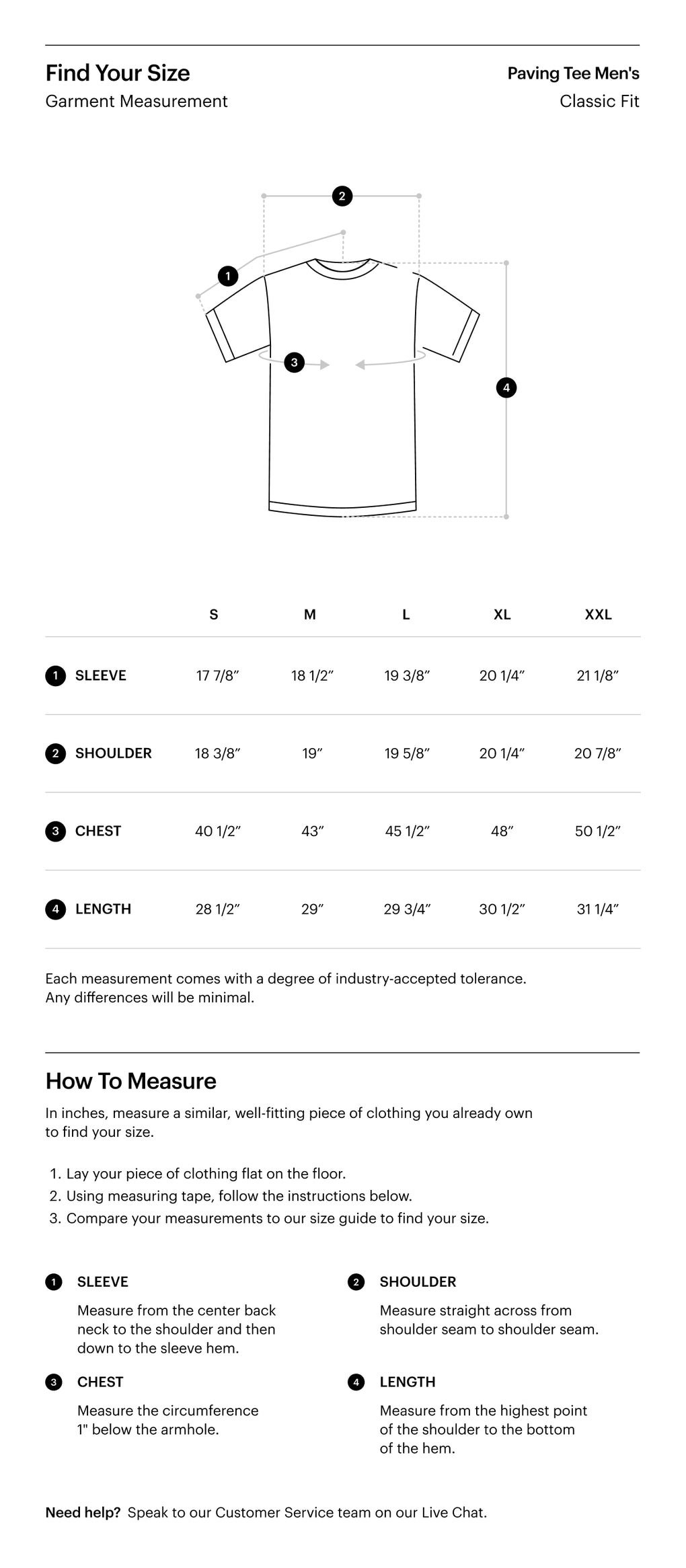 Uniform size guide chart for the Paving Tee Men's, displaying measurement recommendations for chest size to determine the perfect fit.