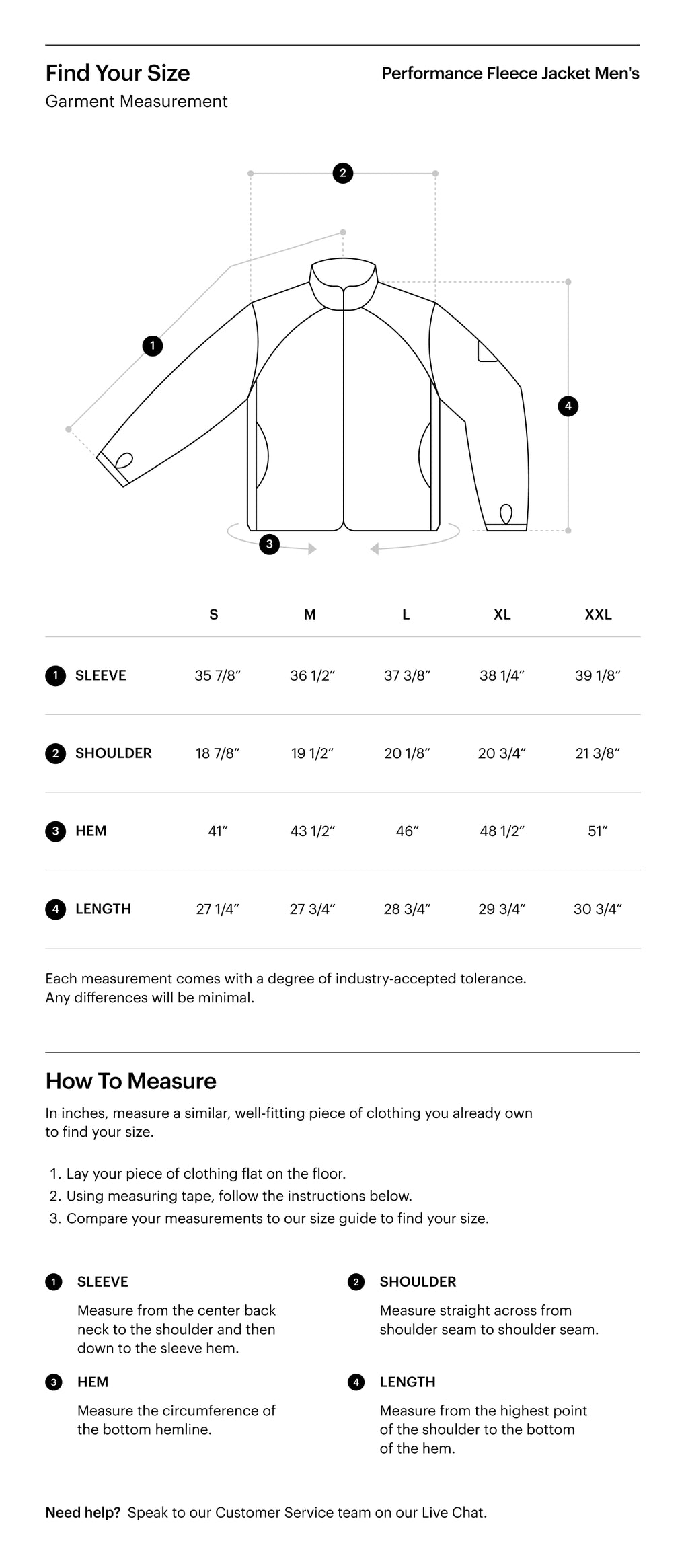 Herschel Supply Co. Men's Performance Fleece Jacket size guide chart showing measurements for XS, S, M, L, XL, XXL, 3XL, and 5XL.