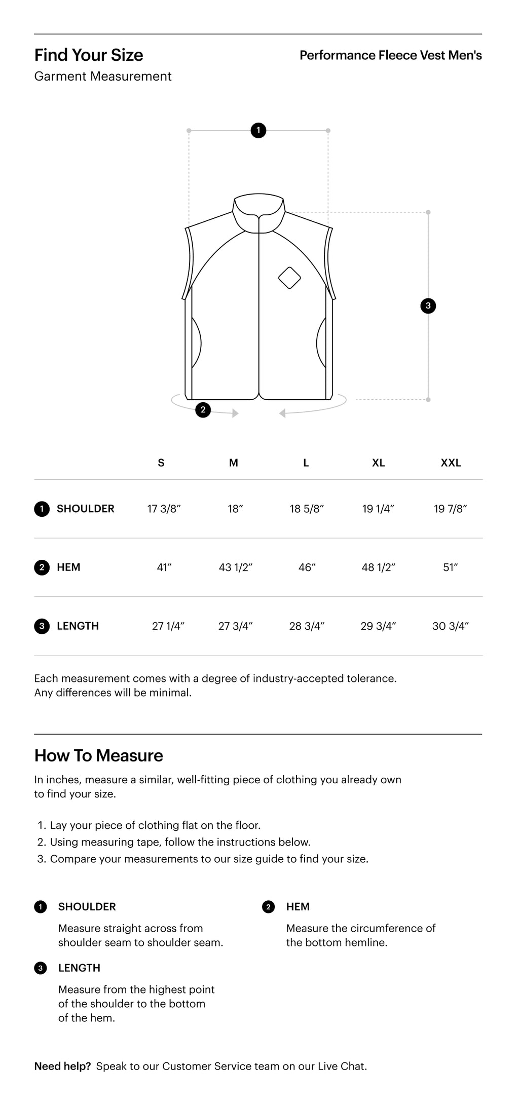 Herschel Supply Co. Men's Performance Fleece Vest size chart showing chest, waist, hip, and sleeve measurements for sizes S through XXL.