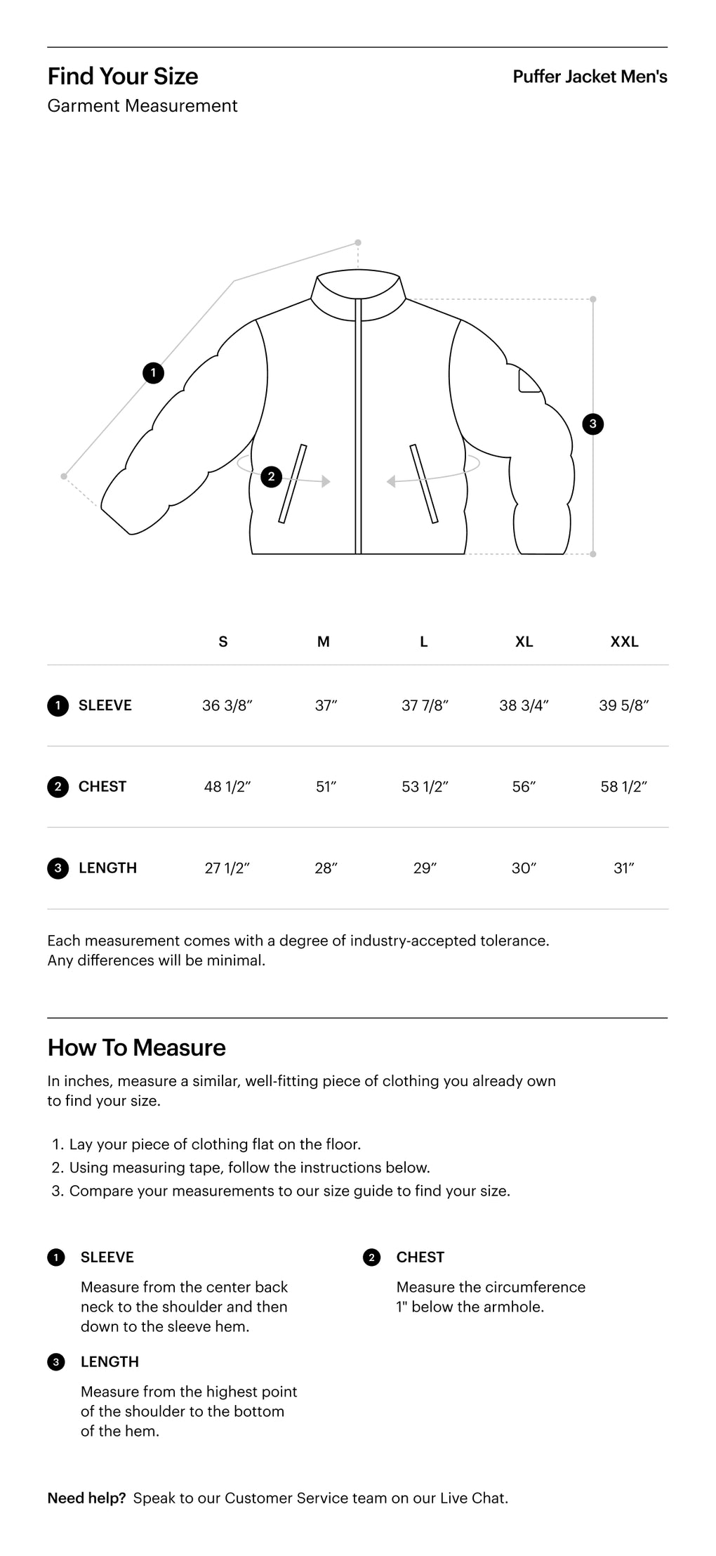 Men's Herschel Supply Co. Puffer Jacket size chart showing chest measurements: S (37-39 in), M (39-41 in), L (41-44 in), XL (44-46 in), XXL (46-48 in).