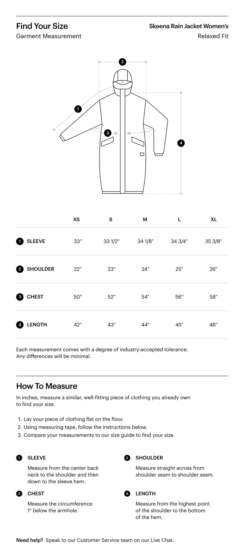 Herschel Supply Co. Skeena Rain Jacket women's uniform size guide chart with measurements for sizing reference.