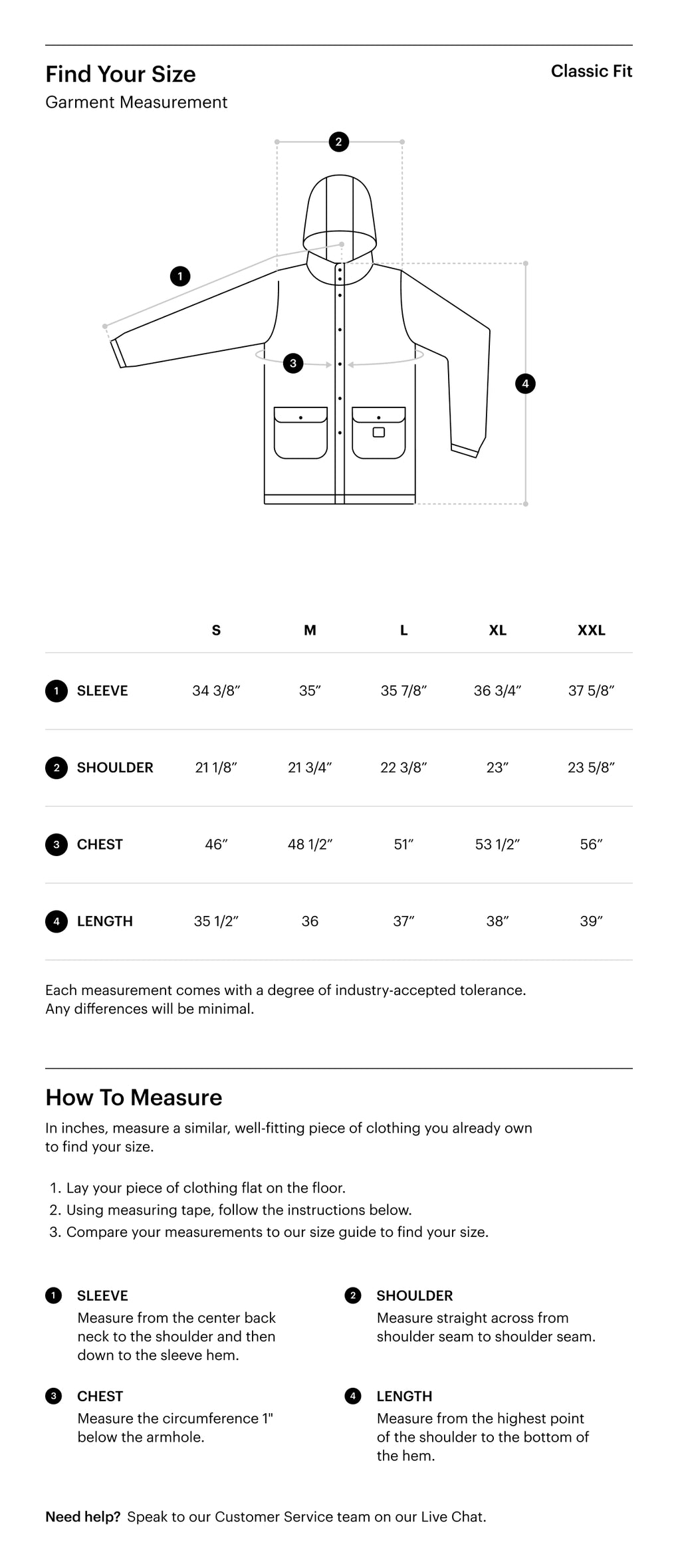 Herschel Supply Co. Men's Long Classic Rain Jacket size guide chart showing chest measurements for sizes XS to XXL.