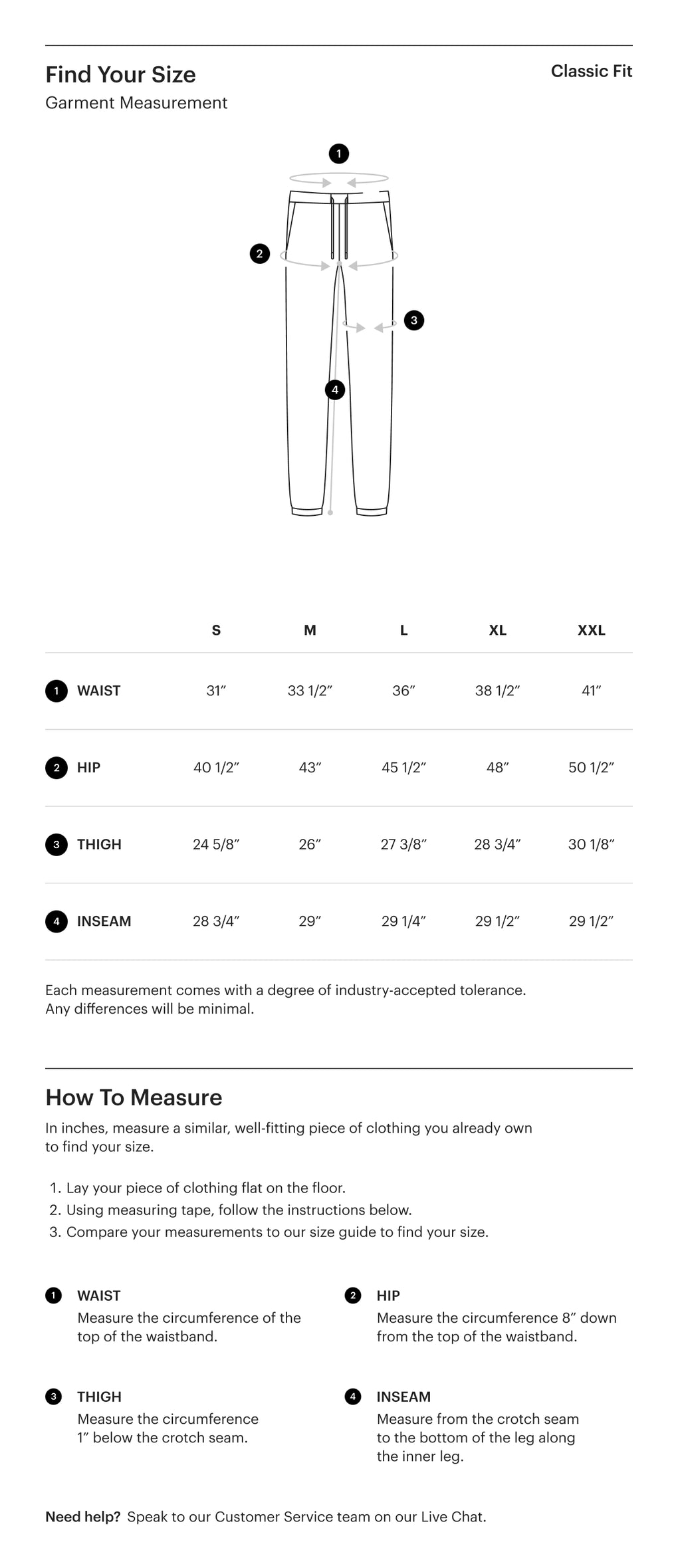 Herschel Supply Co. Men's Sweatpants uniform size guide chart, listing measurements for waist, chest, hip, and sleeve across sizes S to XXL.